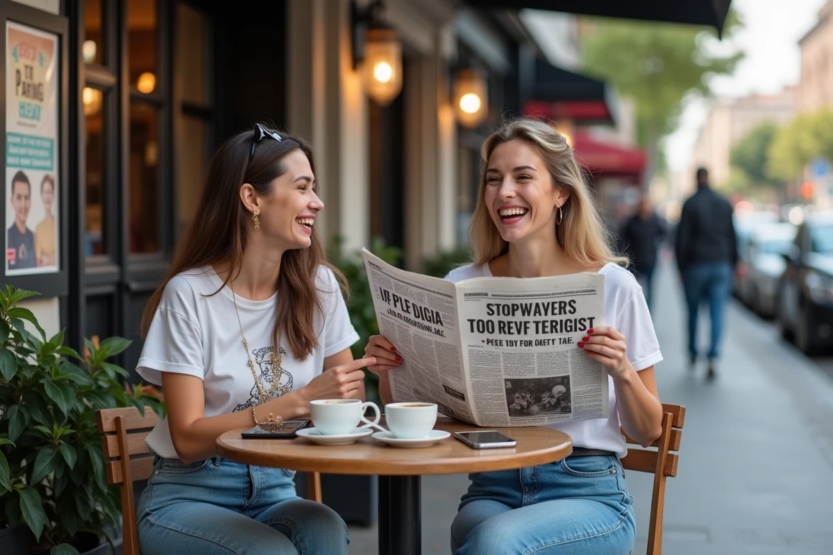 Deux femmes riant avec journaux humoristiques en extérieur