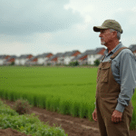 Ferme avec paysan surveillant les champs face à la banlieue