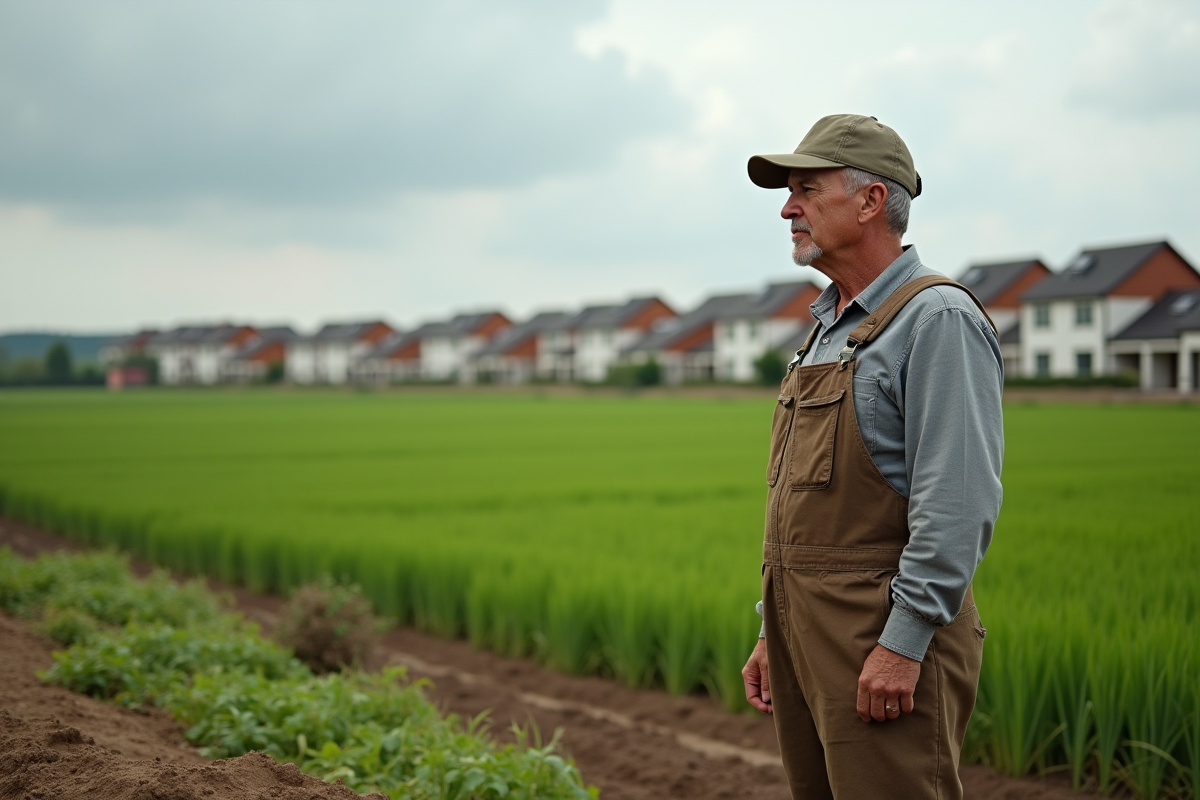 Ferme avec paysan surveillant les champs face à la banlieue