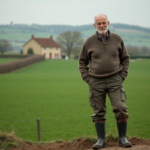 Vieux fermier français dans un champ vert avec collines