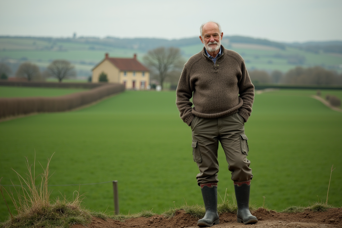 Vieux fermier français dans un champ vert avec collines