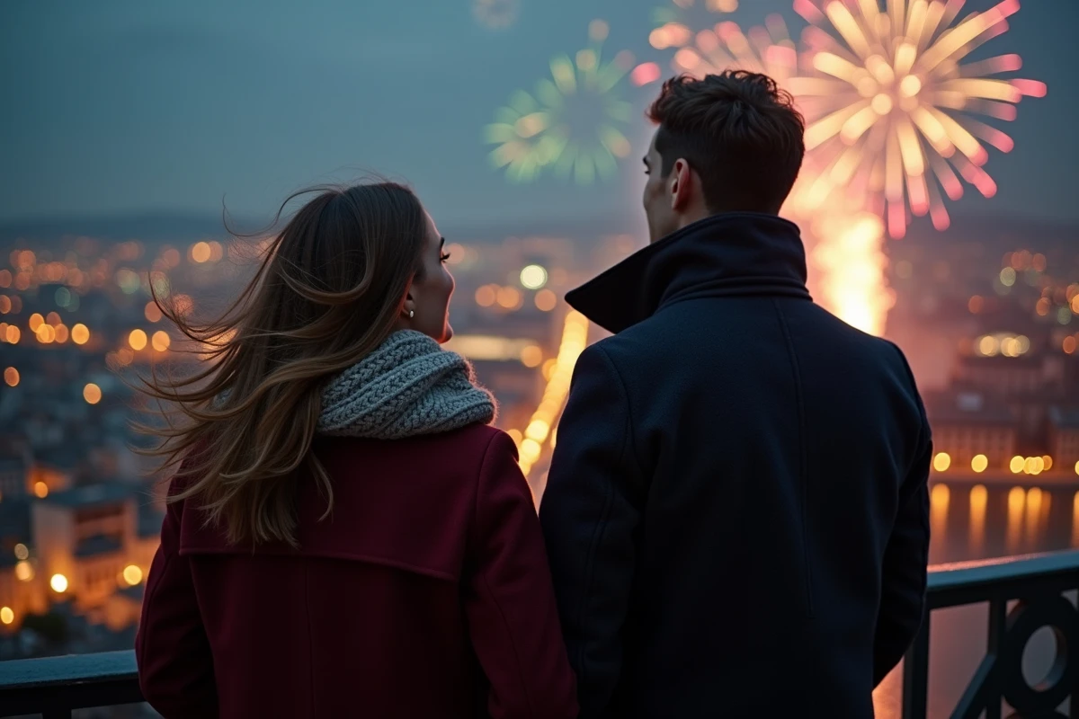 Couple observant le feu d'artifice du Nouvel An 2026 depuis la colline de Fourvière avec le panorama de Lyon illuminé en arrière-plan