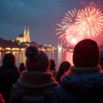 Foule sur les quais de Saône à Lyon regardant le feu d'artifice du Nouvel An 2026 avec la basilique de Fourvière illuminée en arrière-plan