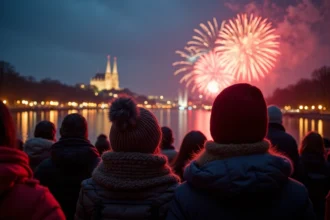 Foule sur les quais de Saône à Lyon regardant le feu d'artifice du Nouvel An 2026 avec la basilique de Fourvière illuminée en arrière-plan