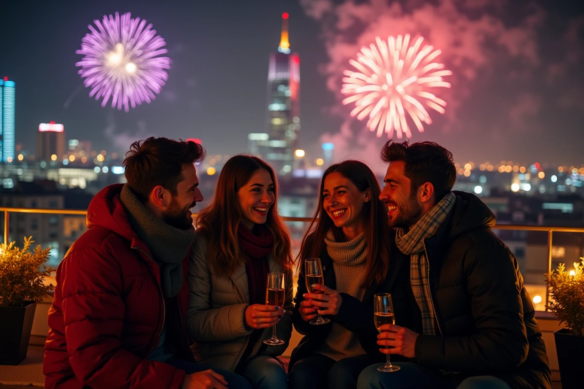 Groupe d'amis fêtant le Nouvel An 2026 sur un rooftop de la Part-Dieu à Lyon avec le feu d'artifice visible dans le ciel
