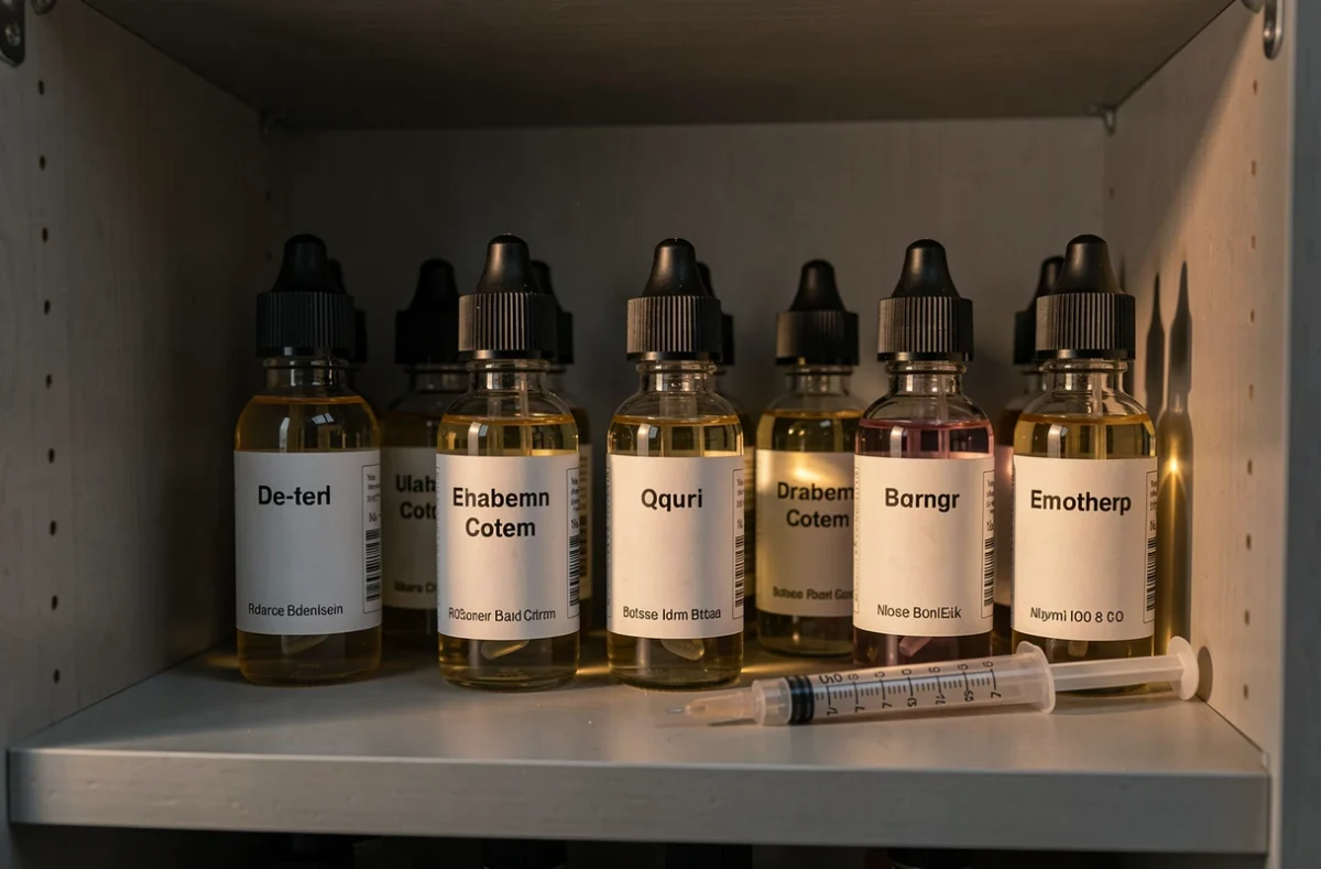 Flacons de e-liquide qui reposent à l'abri de la lumière