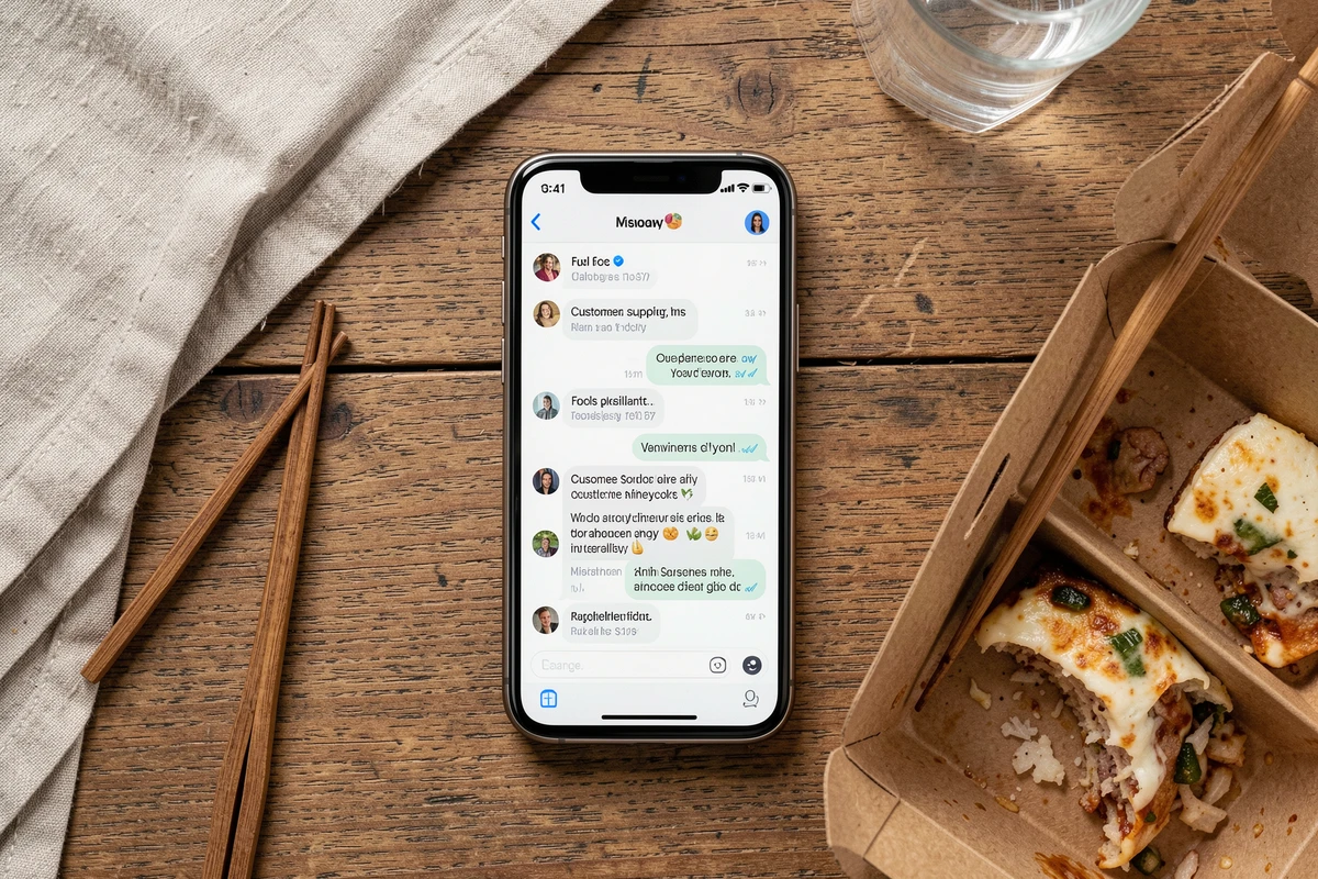 Vue aérienne d'un smartphone affichant le chat support Uber Eats posé à côté d'un repas à emporter sur une table en bois