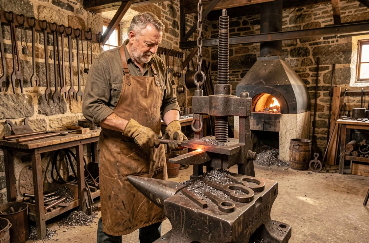 Un forgeron artisan des Forges de l'Elorn travaille des pièces de serrurerie en métal dans une forge traditionnelle bretonne