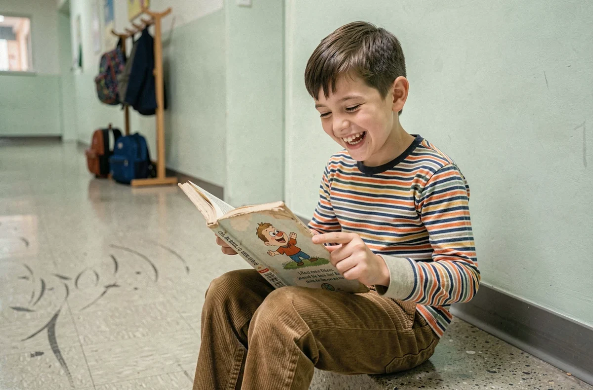Jeune garçon souriant feuilletant un livre illustré de comptines humoristiques pour enfants