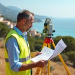 Géomètre expert sur un terrain en pente sur la Côte d'Azur avec théodolite et plans cadastraux, vue sur la mer en arrière-plan