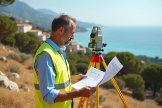 Géomètre expert sur un terrain en pente sur la Côte d'Azur avec théodolite et plans cadastraux, vue sur la mer en arrière-plan