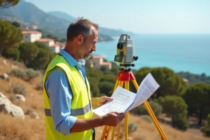 Géomètre expert sur un terrain en pente sur la Côte d'Azur avec théodolite et plans cadastraux, vue sur la mer en arrière-plan
