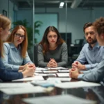 Groupe d'employes en reunion tendue au bureau