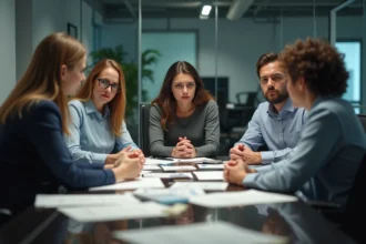 Groupe d'employes en reunion tendue au bureau