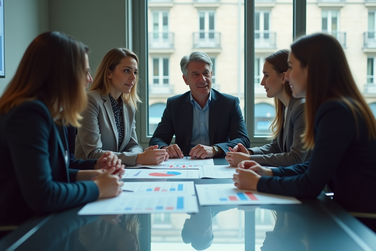 Groupe de professionnels discutant de graphiques en réunion