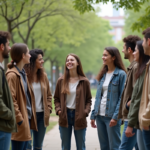 Groupe divers d'adultes et adolescents discutant en plein air