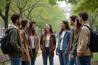Groupe divers d'adultes et adolescents discutant en plein air
