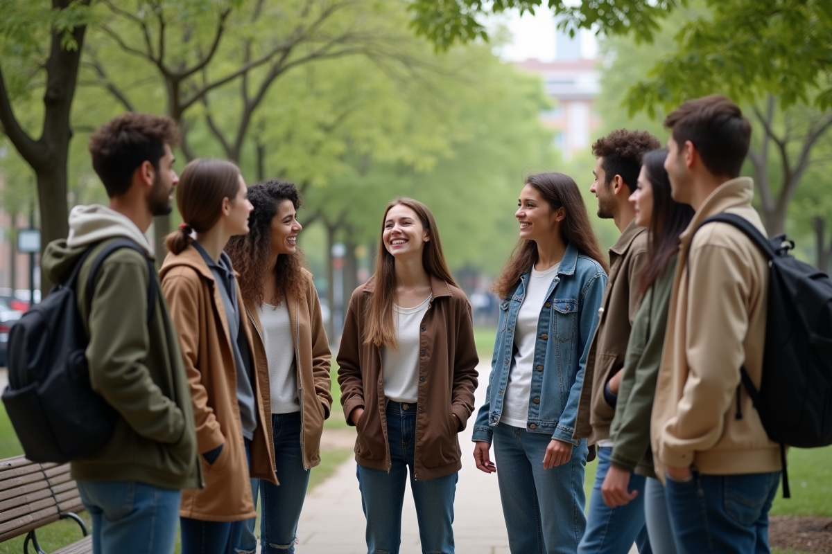Groupe divers d'adultes et adolescents discutant en plein air