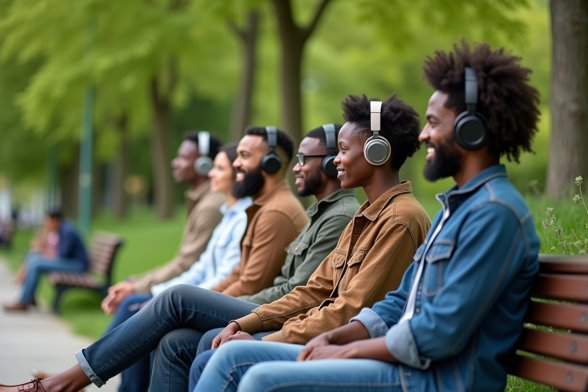 Groupe de personnes avec ecouteurs variés dans un parc ensoleille