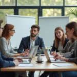 Groupe d'enseignants en discussion dans une salle moderne