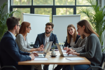 Groupe d'enseignants en discussion dans une salle moderne