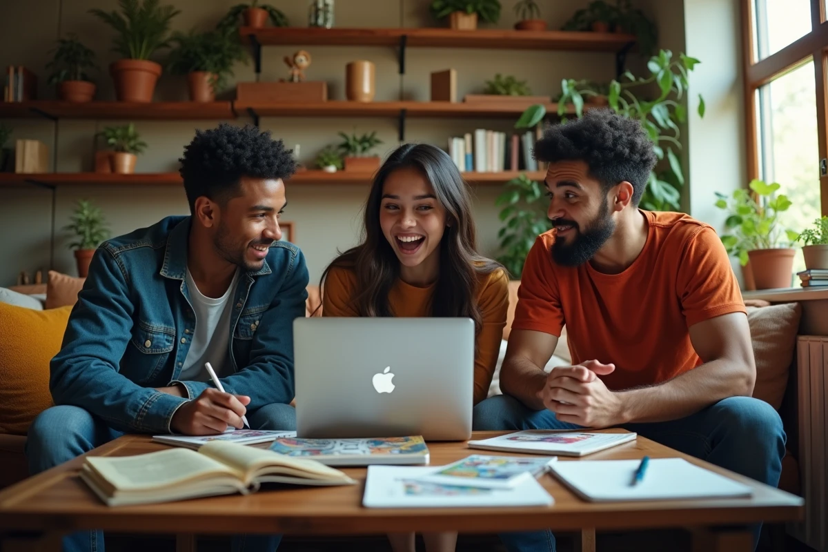 Groupe de jeunes adultes discutant autour de manga Dragon Ball