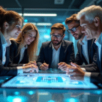 Groupe de professionnels autour d'une table hightech en réunion