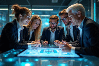 Groupe de professionnels autour d'une table hightech en réunion