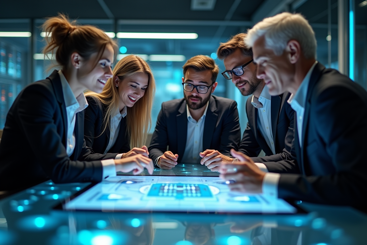 Groupe de professionnels autour d'une table hightech en réunion