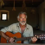Homme tenant une guitare acoustique dans une cuisine rustique en pierre, ambiance nostalgique évoquant la chanson française L'Encre de tes yeux de Francis Cabrel