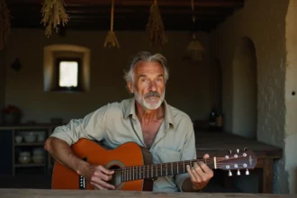 Homme tenant une guitare acoustique dans une cuisine rustique en pierre, ambiance nostalgique évoquant la chanson française L'Encre de tes yeux de Francis Cabrel