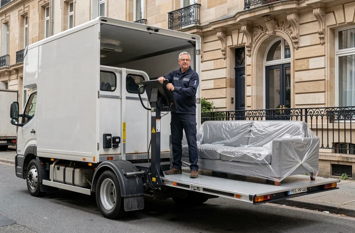 Déménageur d'Heckmann Déménagement utilisant un hayon hydraulique devant une maison de ville classique à Amiens