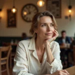 Femme contemplant une horloge affichant 13h31 dans un café parisien, symbolisant l'heure miroir et la réflexion karmique