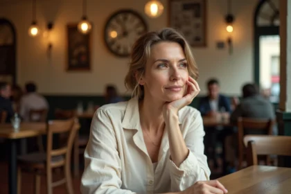 Femme contemplant une horloge affichant 13h31 dans un café parisien, symbolisant l'heure miroir et la réflexion karmique
