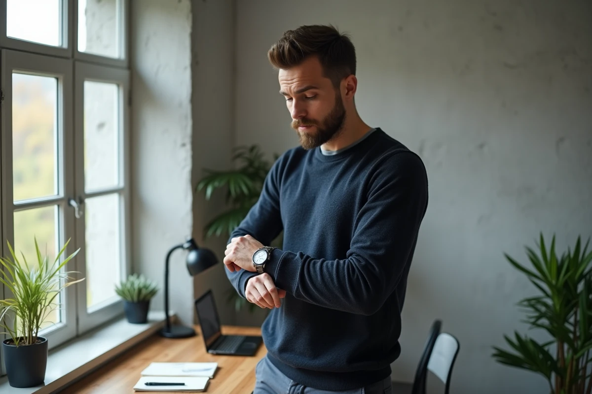 Homme regardant sa montre affichant 13h31 dans un bureau minimaliste, évoquant les opportunités et les leçons karmiques de l'heure miroir