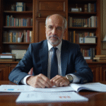 Homme d affaires français en costume analysant des rapports économiques