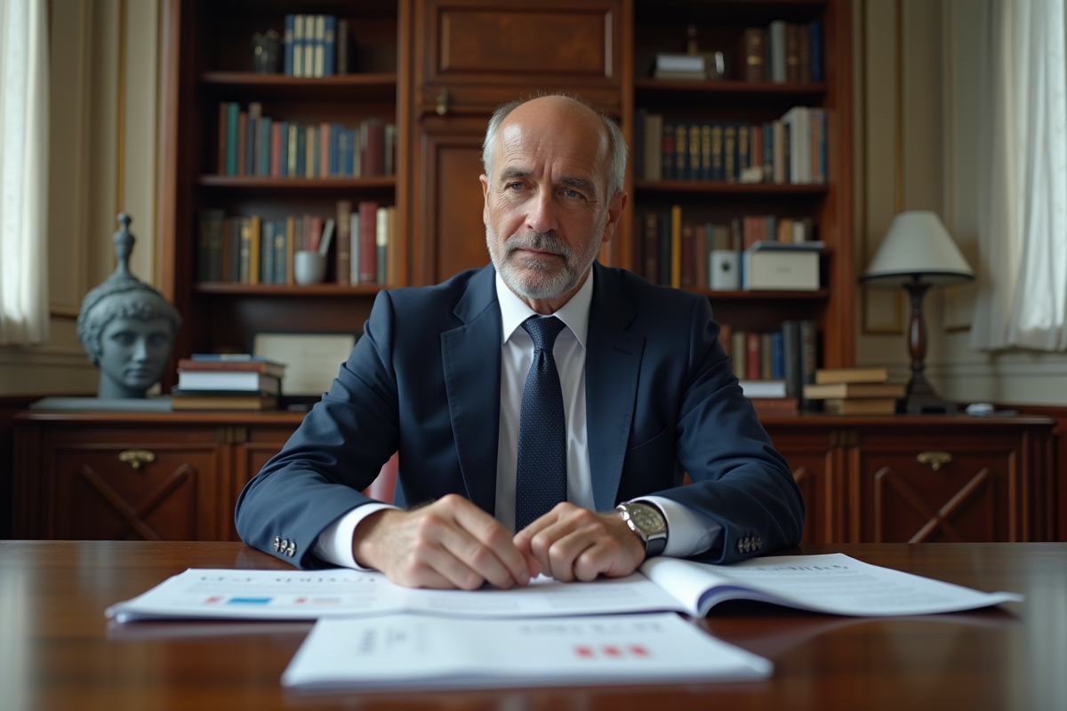 Homme d affaires français en costume analysant des rapports économiques