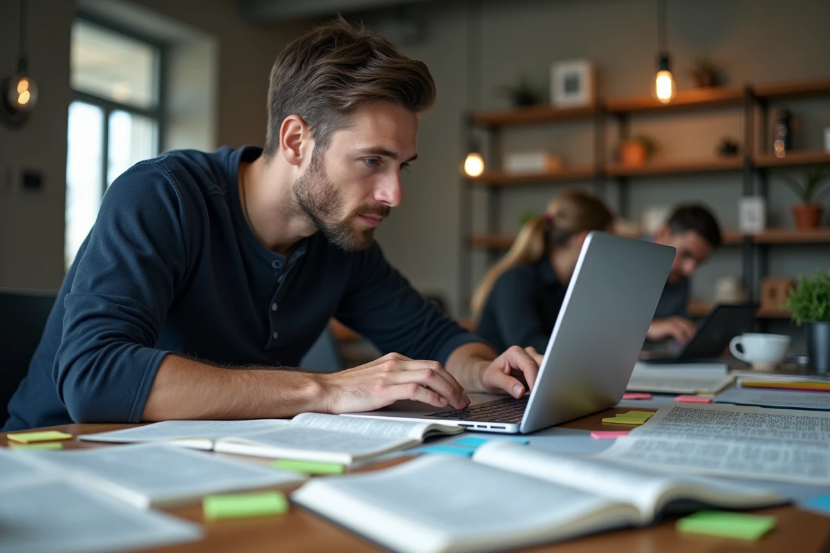 Homme analysant la qualité de scan et de traduction de chapitres manga sur un bureau professionnel encombré de notes