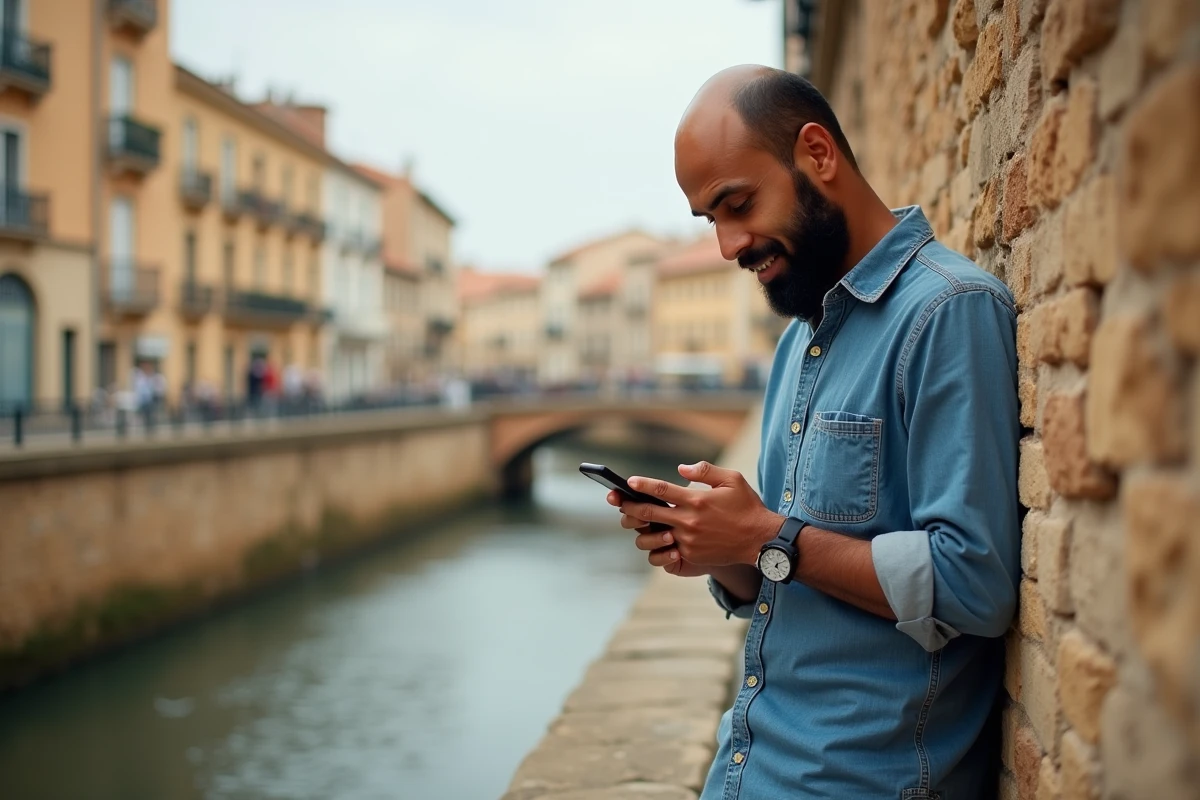 Homme consultant une application des heures de prières sur smartphone devant les pierres historiques du centre-ville de Narbonne