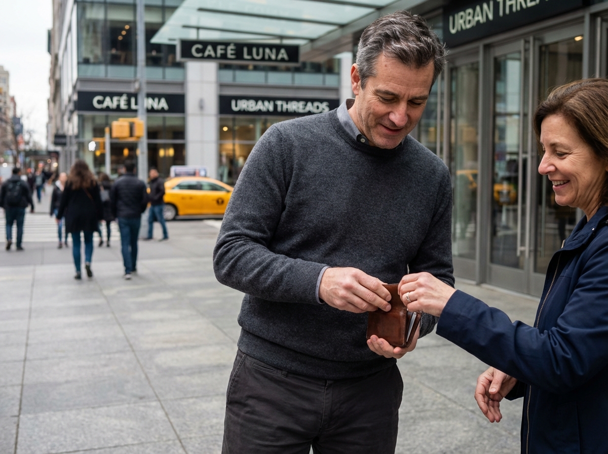Homme examine un portefeuille en plein air dans la ville