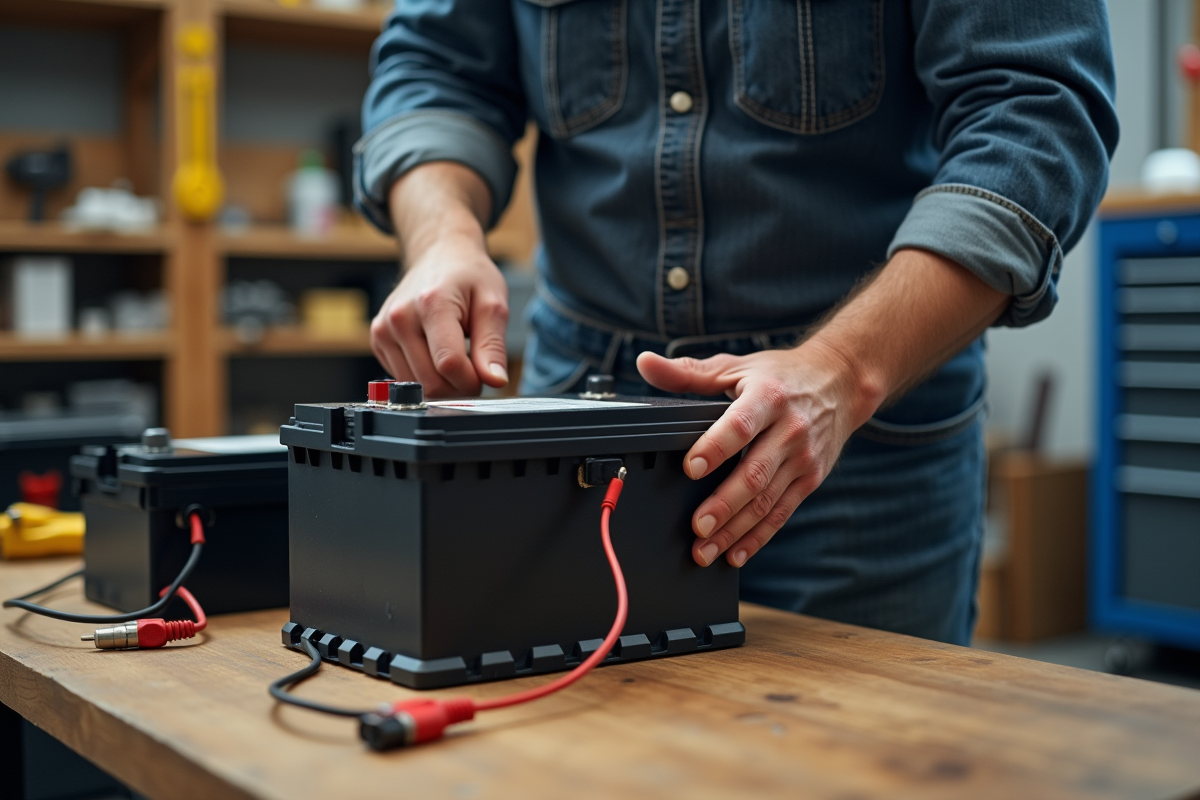 Homme connectant deux batteries dans un atelier organisé