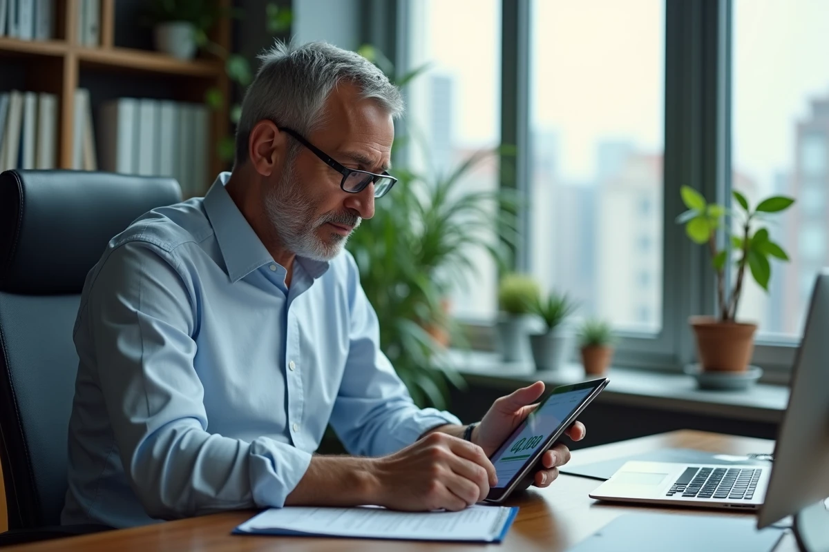 Homme d affaires utilisant une tablette pour convertir des kilos en tonnes