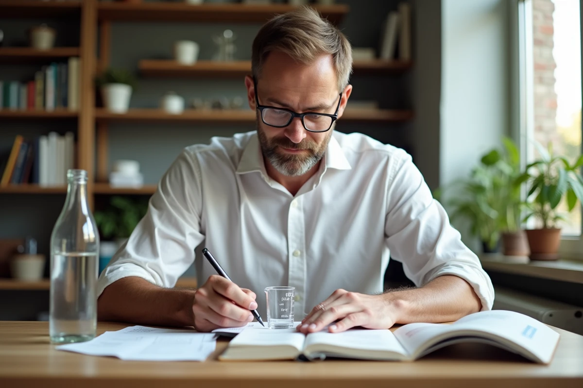 Homme au bureau prenant des notes avec un bécher de 500 ml