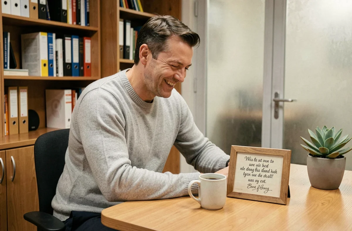 Homme souriant seul à son bureau lisant une plaque humoristique dans un bureau privé chaleureux