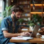 Homme concentré travaillant sur son laptop dans un café cosy