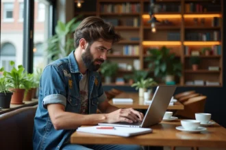 Homme concentré travaillant sur son laptop dans un café cosy