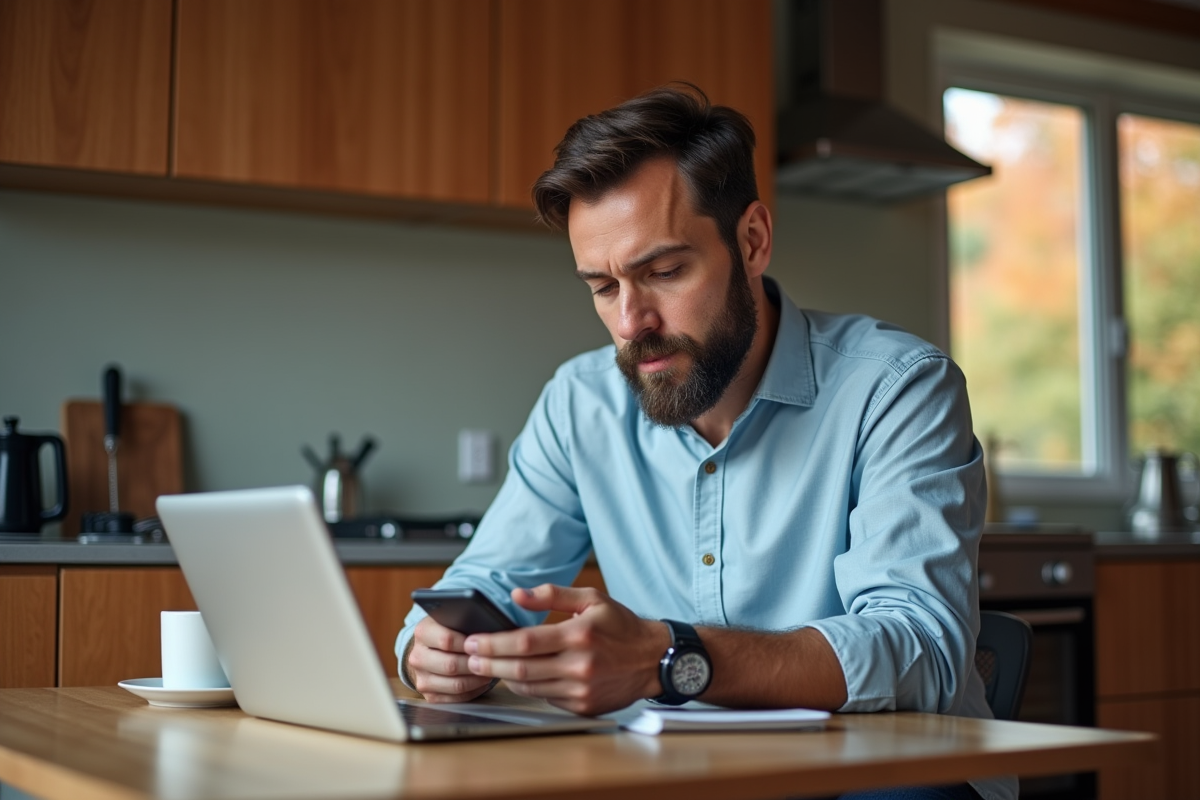 Homme vérifiant son smartphone à la maison