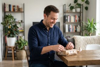 Homme souriant déballant un cadeau dans un appartement moderne