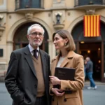 Homme âgé et femme catalane en conversation devant un bâtiment moderniste
