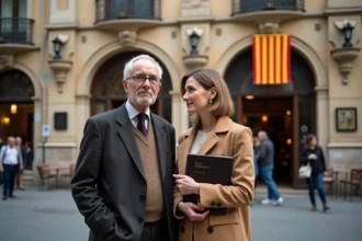 Homme âgé et femme catalane en conversation devant un bâtiment moderniste